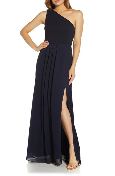 Adrianna Papell One-shoulder Georgette Gown In Midnight