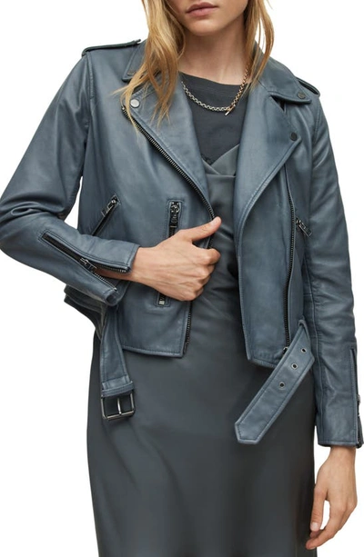 Allsaints Belted Crop Leather Moto Jacket In Bluebell Blue