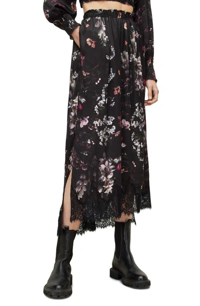 Allsaints Silvius Floral Print Midi Skirt In Black