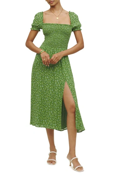 Reformation Green Inka Floral Print Linen Midi Dress | ModeSens