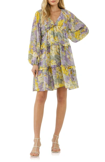 Free The Roses Voluminous Flowy Floral Print Long Sleeve Minidress In Purple Multi