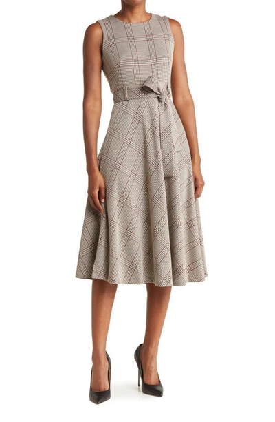 Calvin Klein Plaid Print Ponte Belted Midi Dress In Khaki/ Red