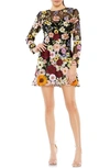 MAC DUGGAL EMBROIDERED FLORAL LONG SLEEVE MESH MINIDRESS