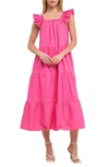 English Factory Ruffle Detail Midi Dress In Fuchsia