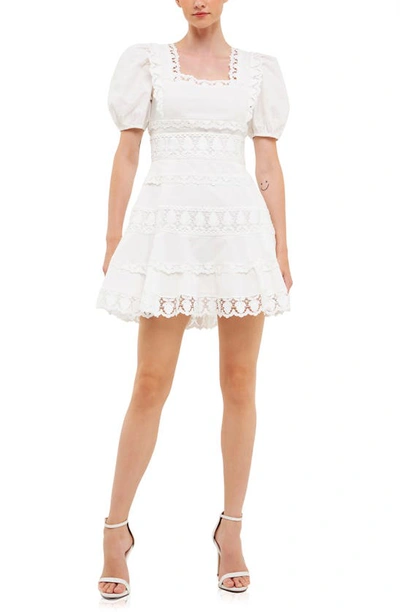 Endless Rose Lace Puff Sleeve Cotton & Linen Minidress In White