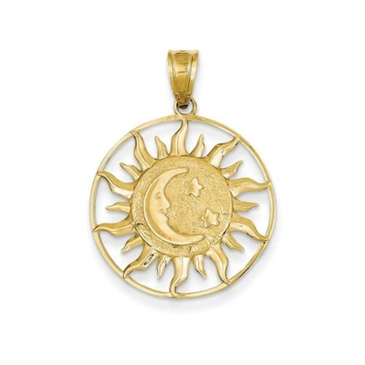Pre-owned Accessories & Jewelry 14k Yellow Gold Diamond Cut Sun With Moon And Two Stars In Circle Charm Pendant