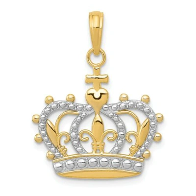 Pre-owned Accessories & Jewelry 14k Yellow Gold & Rhodium Polished Fleur De Lis Fancy Crown Pendant For Necklace