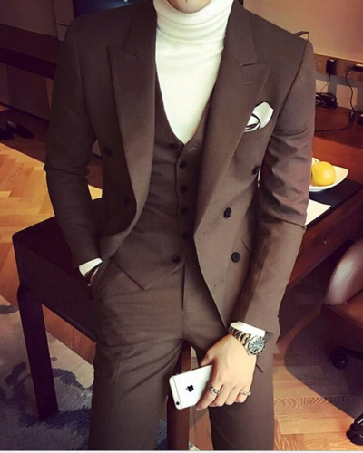 Pre-owned Handmade Mens Brown 3 Piece Suit Wedding Party Wear Slim Fit Double Breasted Coat Pants