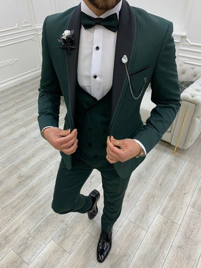 Pre-owned Handmade Mens Green Tuxedo Suit Groom Wedding Party Wear Dinner Slim Fit Prom Coat Pants