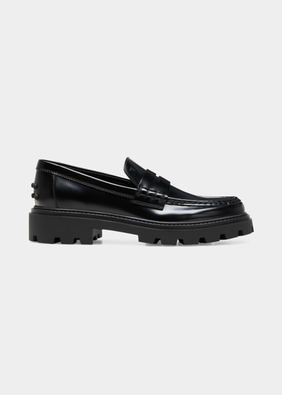 Tod's Calfskin Lug-sole Penny Loafers In Black