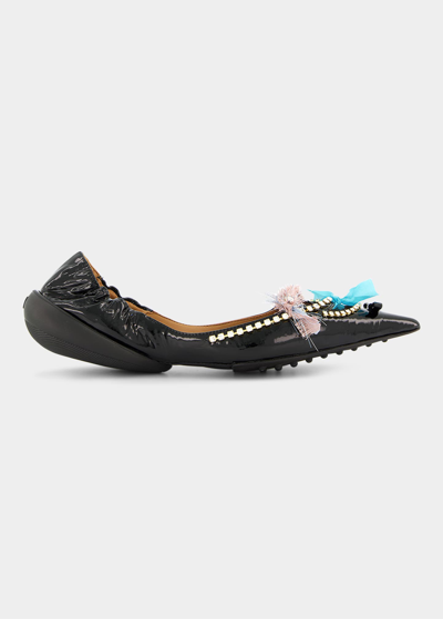 13 09 Sr Milky Pointed Bow Crystal Ballerina Flats In Black