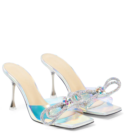 Mach & Mach Double Bow Crystal-embellished Leather And Pvc Heeled Mules In Metallic