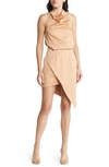 Elliatt Camo Asymmetric Satin Cocktail Dress In Beige