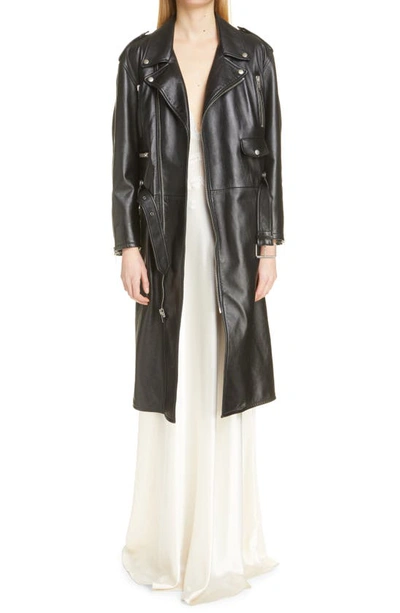 Saint Laurent Lambskin Leather Long Motorcycle Jacket In Noir