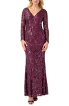 Adrianna Papell Petite V-neck Long-sleeve Sequin Gown In Cassis