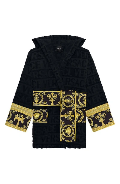 Versace Barocco Hooded Short Bathrobe In Black