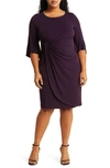 Connected Apparel Gathered Bell Sleeve Faux Wrap Dress In Aubergene