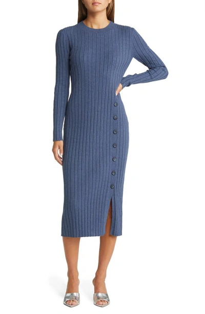 Open Edit Button Sweater Midi Dress In Blue Canal Heather