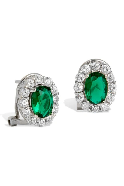 Savvy Cie Jewels Sterling Silver Zircon Halo Natural Emerald Stud Earrings In Green