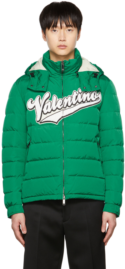 Valentino Green Embroidered Logo Hooded Down Jacket