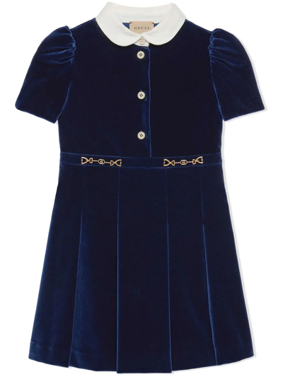 Gucci Kids' Interlocking G Horsebit Velvet Dress In Royal Blue