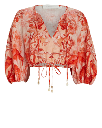 Zimmermann Lyre Cropped Shell-embellished Printed Linen Top In Red