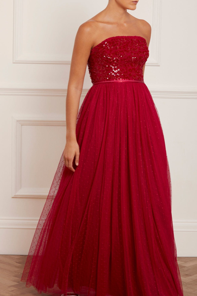 Needle & Thread Tempest Strapless Bodice Gown In Deep Red