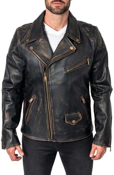 Maceoo Destroyed Leather Biker Jacket In Brown