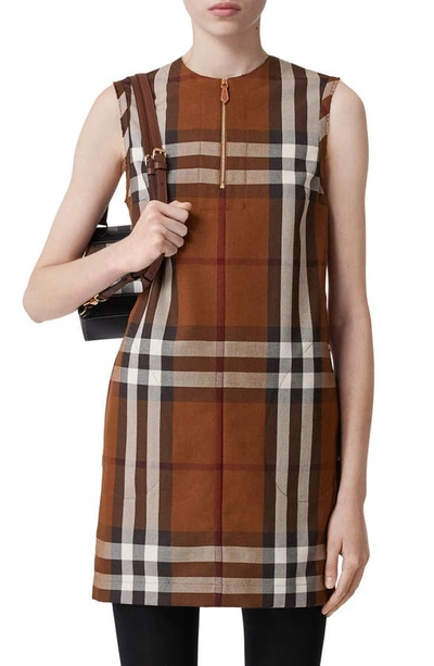Burberry Sleeveless Check Wool Cotton Jacquard Dress In Brown