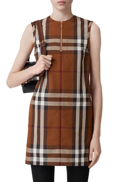 Burberry Sleeveless Check Wool Cotton Jacquard Dress In Dark Birch Brown