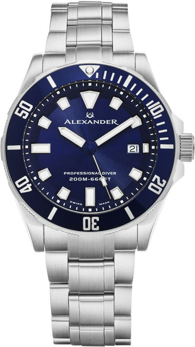 Pre-owned Alexander Men's Swiss Made Quartz Divers Slim Profile Stainless Steel Link Watch