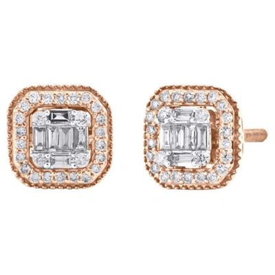 Pre-owned Jfl Diamonds & Timepieces 14k Rose Gold Baguette Diamond Milgrain Halo Frame Stud 8.50mm Earrings 3/8 Ct. In White