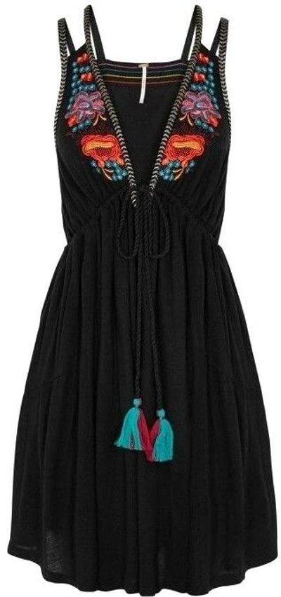 Pre-owned Free People Lovers Cove Dress Embroidered Plunge Neckline Festival Ob805618 In Multicolor