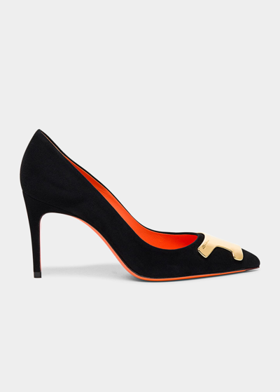 Santoni Sibille Suede Plaque Pumps In Black