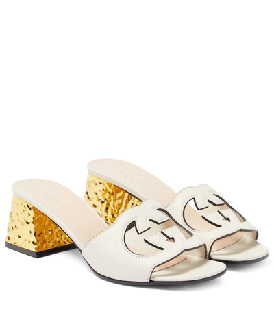 Gucci Leather Cut-out Interlocking G Mules 55 In Mystic White