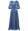 Costarellos Brennie Belted Metallic Plissé-georgette Maxi Dress In Deep Blue