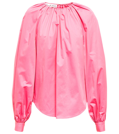 Oscar De La Renta Long Sleeve Gathered Neck Cotton Blouse In French Pink