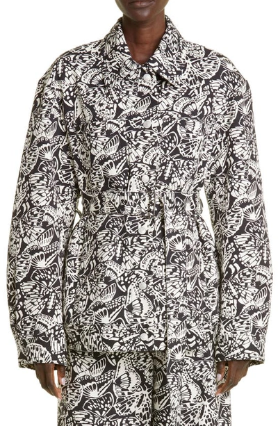 Dries Van Noten Veca Butterfly Print Belted Cotton Twill Jacket In 900 Black