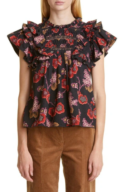 Sea Lucinda Ruffle Floral Print Top In Navy