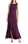 Vince Camuto Ruffe Front Sleeveless Gown In Plum