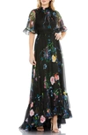 MAC DUGGAL FLORAL RUFFLE NECK HIGH-LOW GOWN