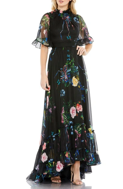 Mac Duggal Floral Ruffle High Neck A-line Gown In Black Multi