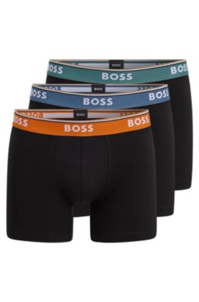 Hugo Boss Boss Men's Black Cotton Pack Of Three Open Miscellaneous Logo Print Stretch Boxers, Size: M In Multi