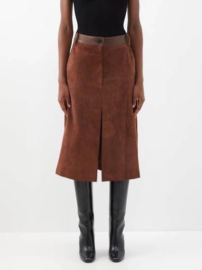 Khaite Brown Charlene A-line Suede Midi Skirt