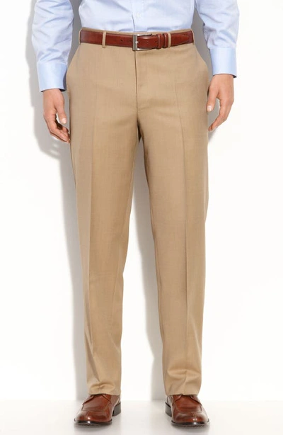 Canali Flat Front Wool Trousers In Tan