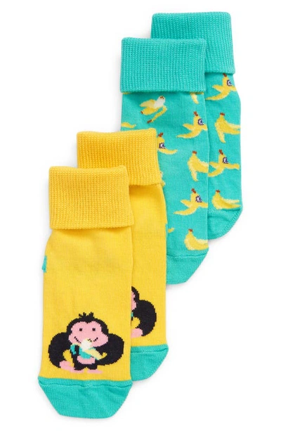 Happy Socks Babies' Assorted 2-pack Anti-slip Monkey & Banana Socks In Light Pastel Green