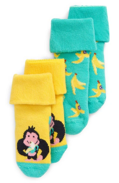 Happy Socks Babies' 2-pack Monkey & Banana Terry Socks In Lt/ Pastel Green