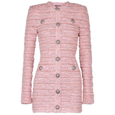 Balmain Short Light Pink Tweed Dress With Silver Embossed Buttons