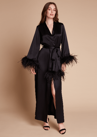 Gilda & Pearl Camille Silk And Feather Long Robe In  Black
