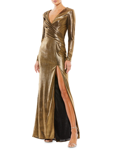 Mac Duggal Metallic Long-sleeve Asymmetrical Ruched Gown In Antique Gold
